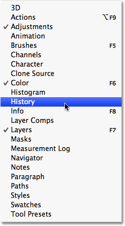 The Window menu displaying the panels in Photoshop CS4. Image  2009 Photoshop Essentials.com.