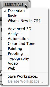 Selecting a workspace in Photoshop CS4. Image  2009 Photoshop Essentials.com.