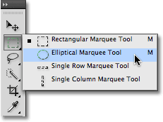 Selecting hidden tools from the fly-out menu in the Tools panel in Photoshop CS4. Image  2009 Photoshop Essentials.com.